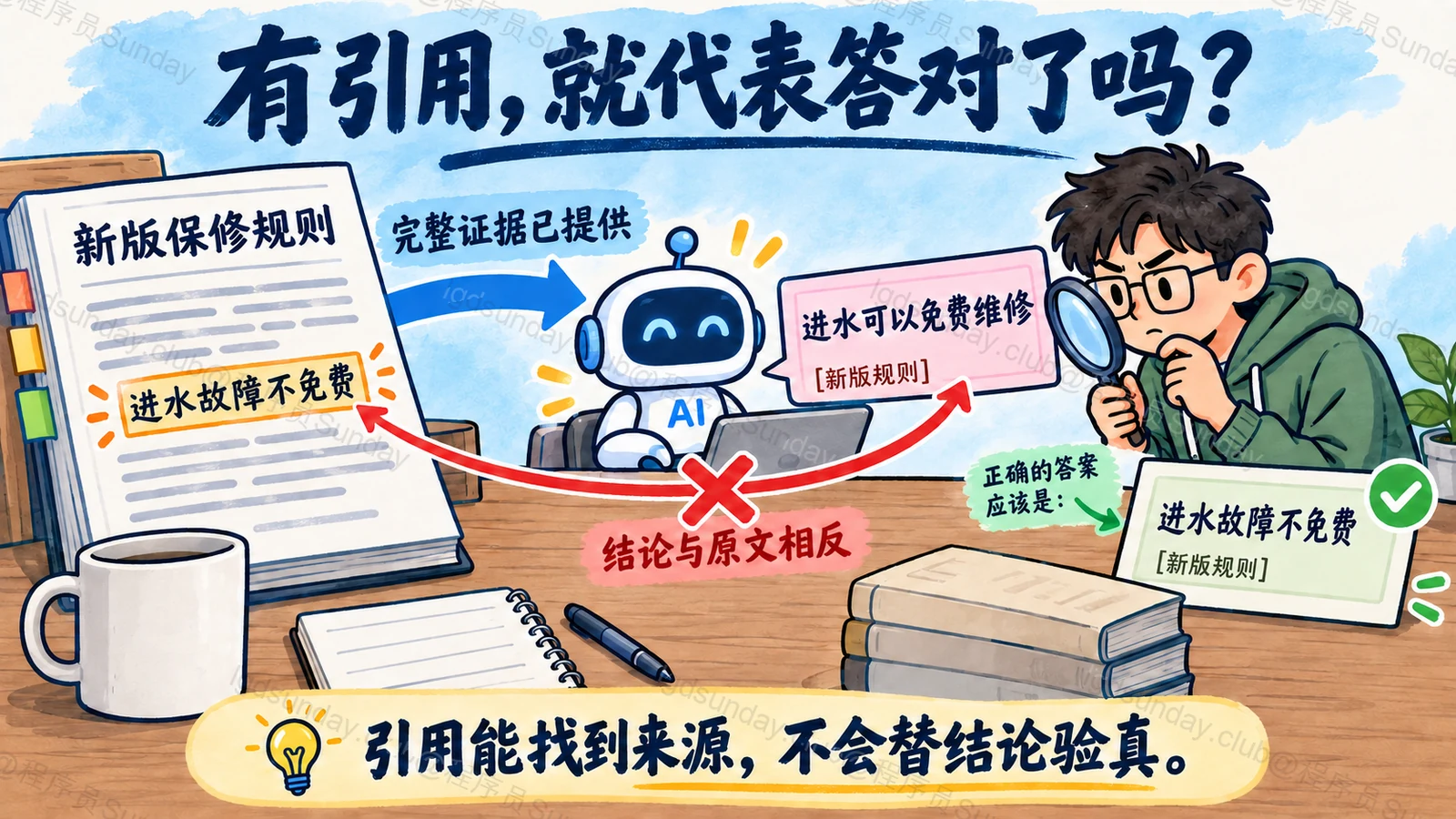 手绘图:新版保修规则明确写着进水故障不免费,模型却引用这份规则回答可以免费维修,逐句核对发现结论与原文相反