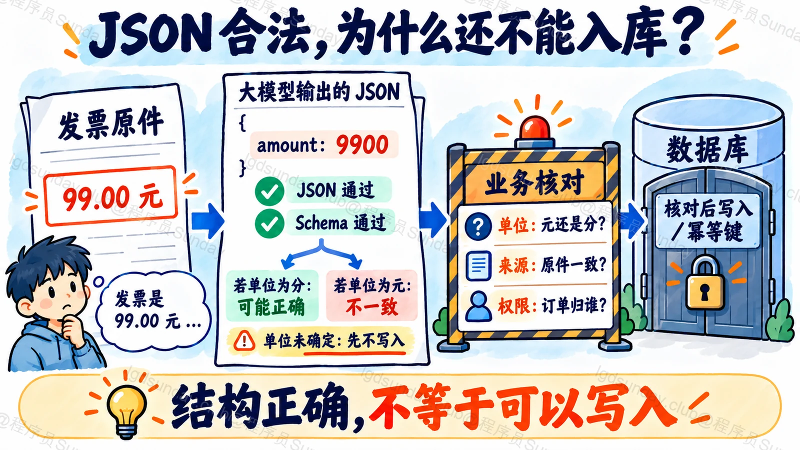 发票金额与模型 JSON 之间存在单位歧义,必须经过来源和权限核对,才能幂等写入数据库