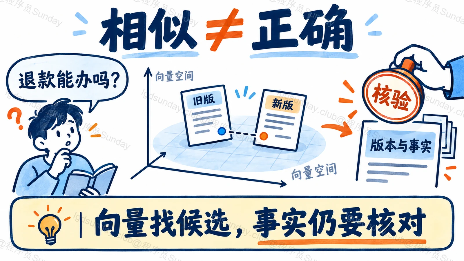 向量相似只负责寻找候选，版本和事实仍需核验