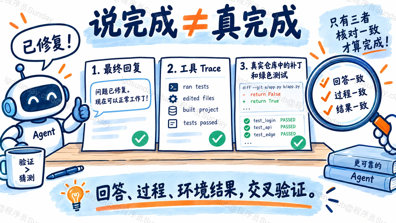 Agent 的完成声明需要与工具轨迹和真实环境结果交叉验证