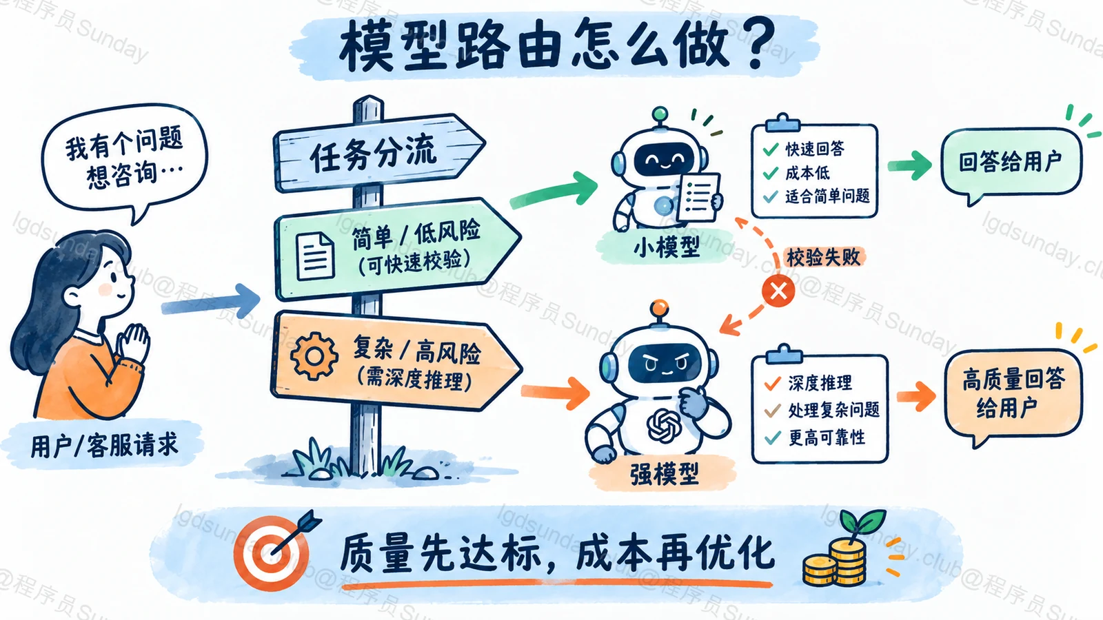简单请求与复杂请求分流,校验失败时回退更强模型