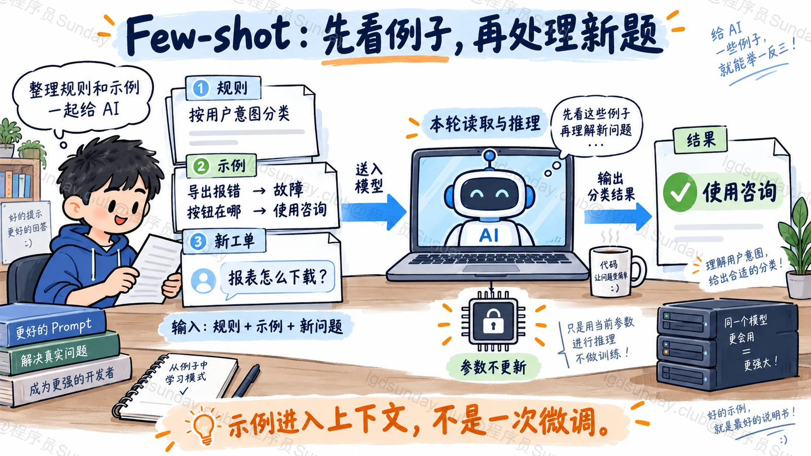 Few-shot 将规则、正确示例和新工单一起交给模型,在本轮推理中完成分类,不更新参数