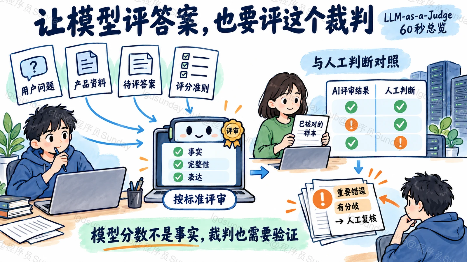 模型裁判根据问题、资料、答案和准则评审，其结果还要与人工标注对照并复核重要分歧