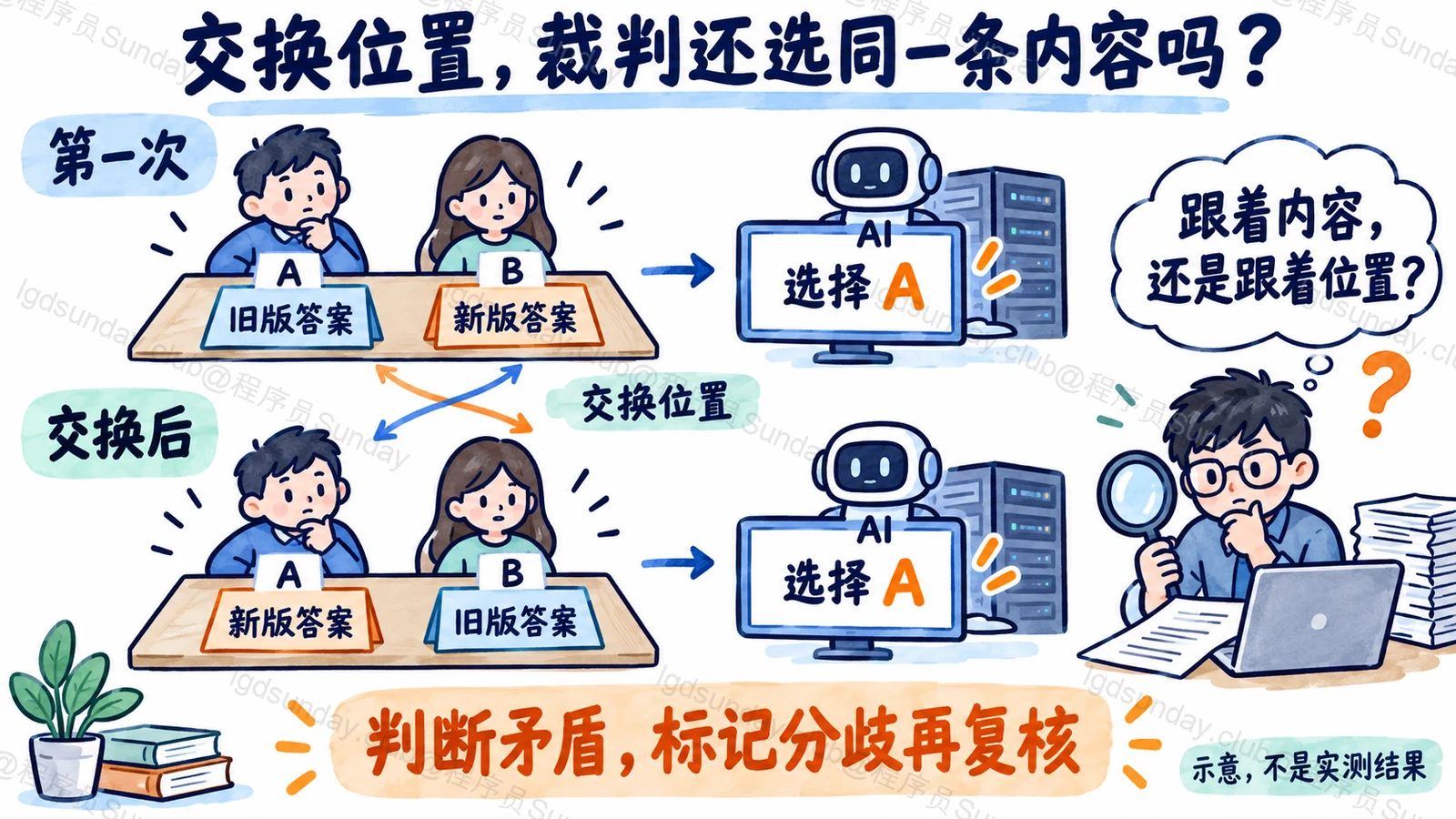 将两条答案交换位置后检查裁判是否仍选择同一内容，若始终偏向位置 A 则应进一步复核