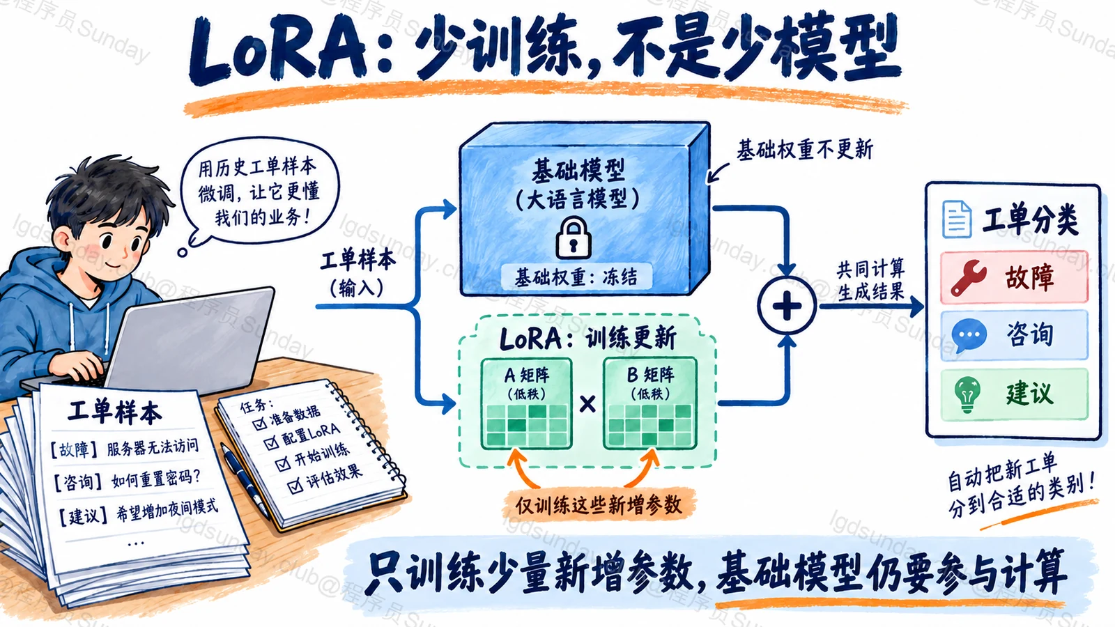 面试速答总览：冻结的基础权重与可训练的 LoRA 更新共同参与工单分类，基础模型仍然需要保留