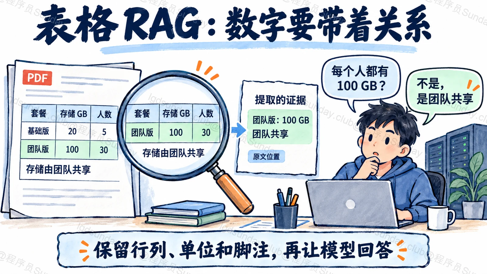 面试速答总览：从 PDF 表格保留行列、单位和共享脚注，再检索并回答团队容量问题