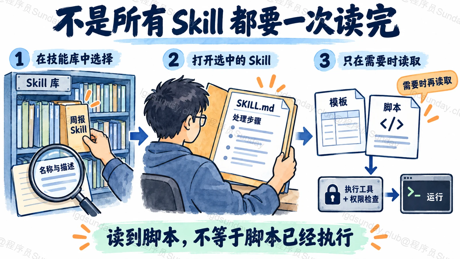 Skill 从名称和描述到完整指引再到需要的模板或脚本逐步加载，脚本需经执行工具和权限检查才运行