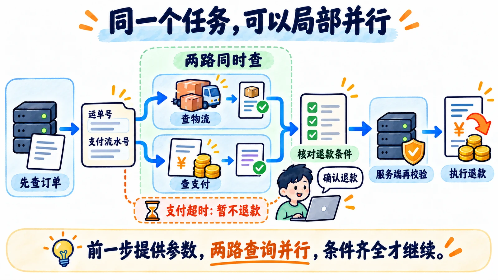 先查订单取得编号,物流与支付两路并行查询,核对条件并取得确认后才执行退款;支付超时则暂不退款