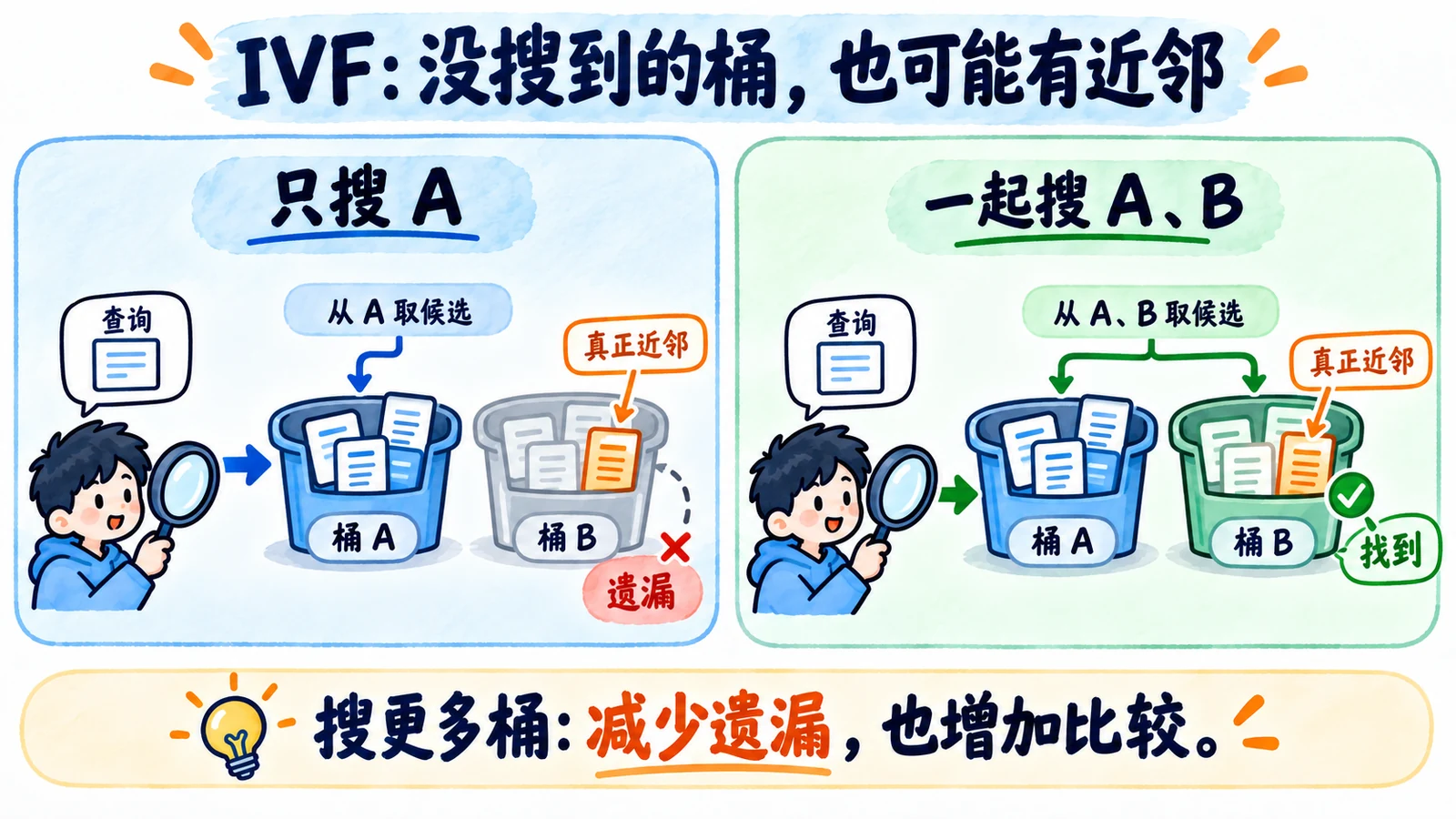只搜索A桶可能漏掉B桶的真实近邻,扩大到A与B可以找到它