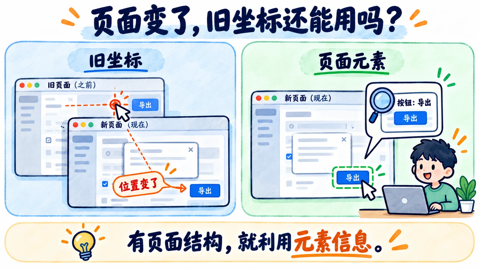 页面位置变动会使旧坐标点错;有DOM信息时可通过按钮角色名称定位但仍需校验业务结果