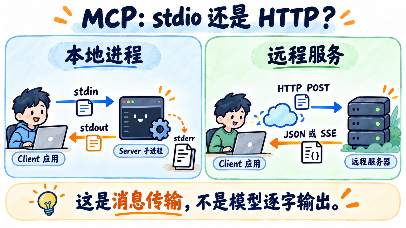 stdio通过stdin/stdout交换协议消息,HTTP连接独立服务,可JSON或SSE但不是LLMToken自动流式