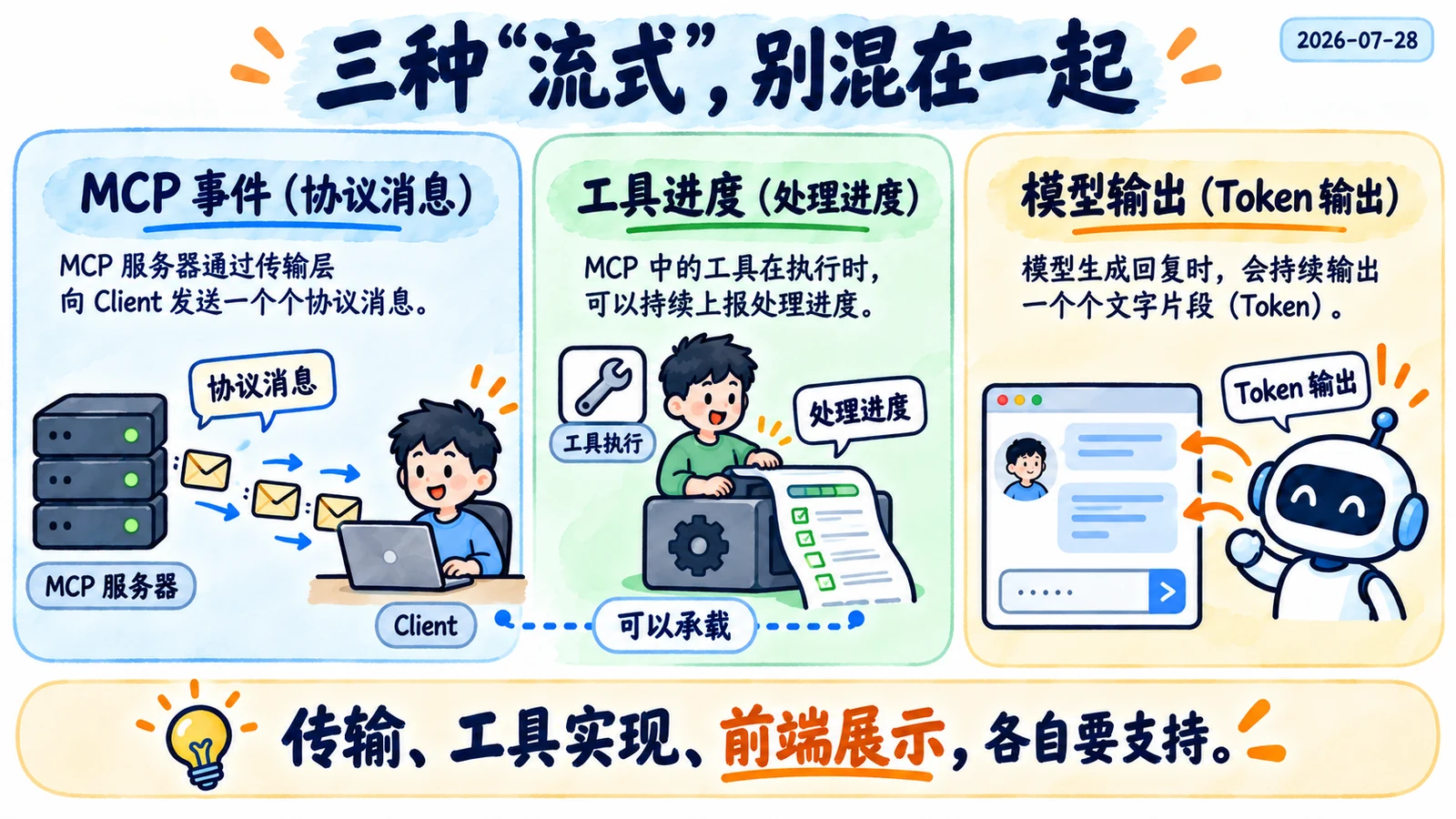 SSE协议消息可能进度最终结果,模型流式回答是另一个请求段,不能自动等同