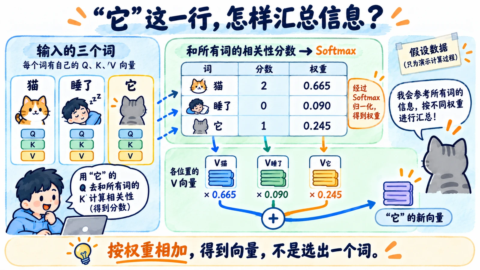 缩放分数2,0,1的Softmax约0.665 0.090 0.245,加权V结果为向量