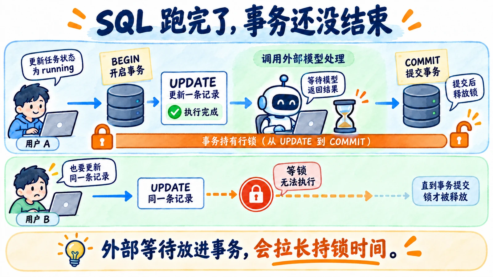 把大模型等待放事务中,SQL完成后事务仍没提交,别的写请求继续等锁
