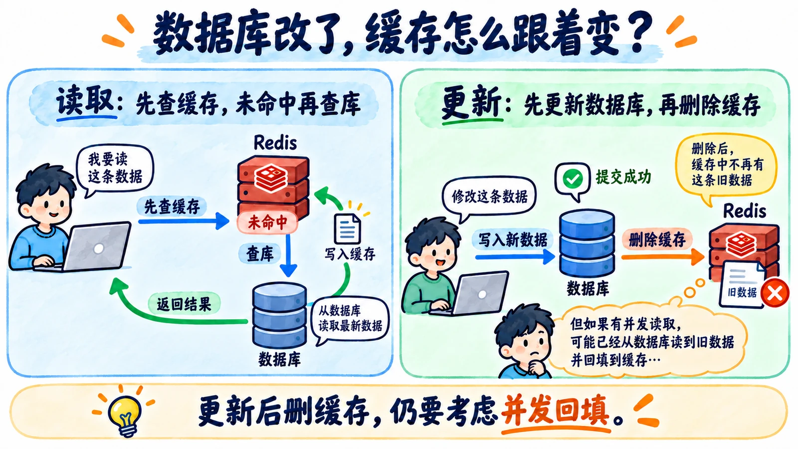 CacheAside读缓存miss查DB回填,写者commitDB后del缓存,跨系统并非原子事务