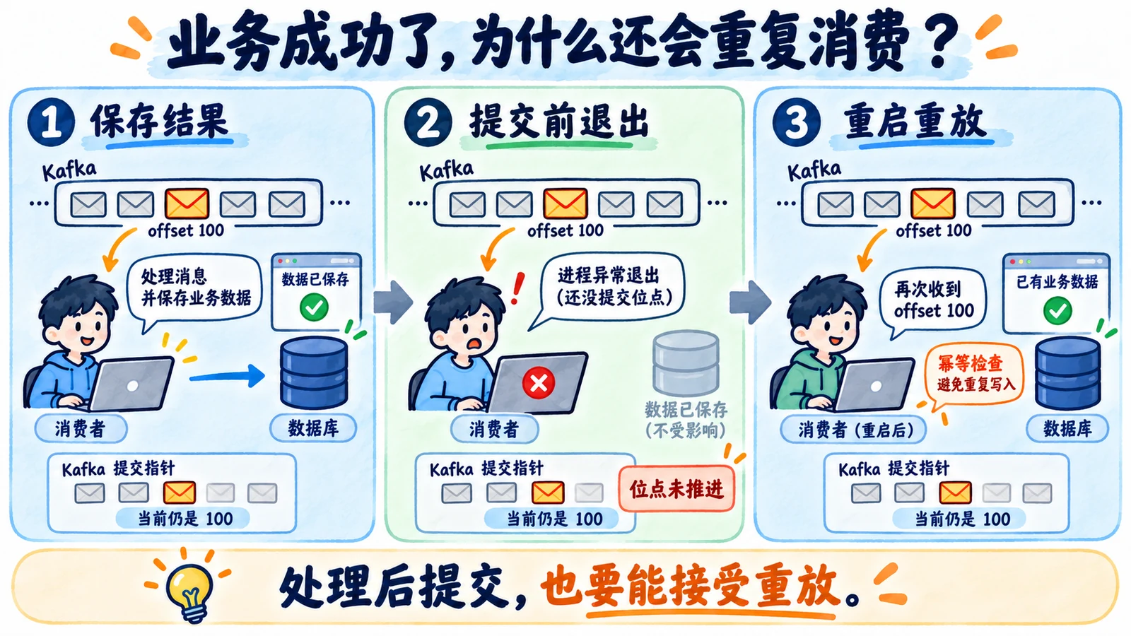 结果数据库成功但未提交位点崩溃,重启消息再来,所以手动提交仍需幂等