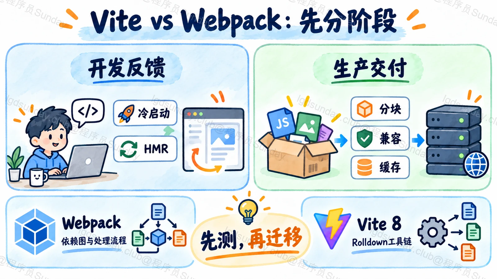构建工具比较需分开开发反馈与生产交付，并标注Vite8工具链