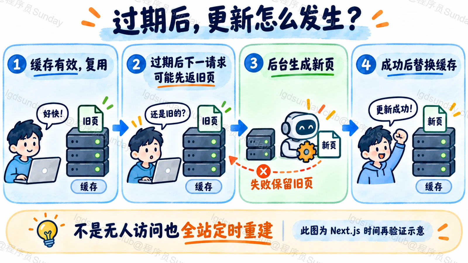 时间再验证由过期后的请求触发，后台成功后替换页面缓存