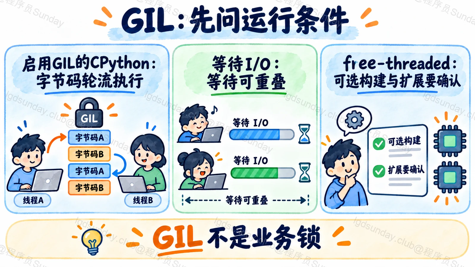 GIL结论依赖CPython构建和任务类型，I/O并发与可选free-threaded需区分