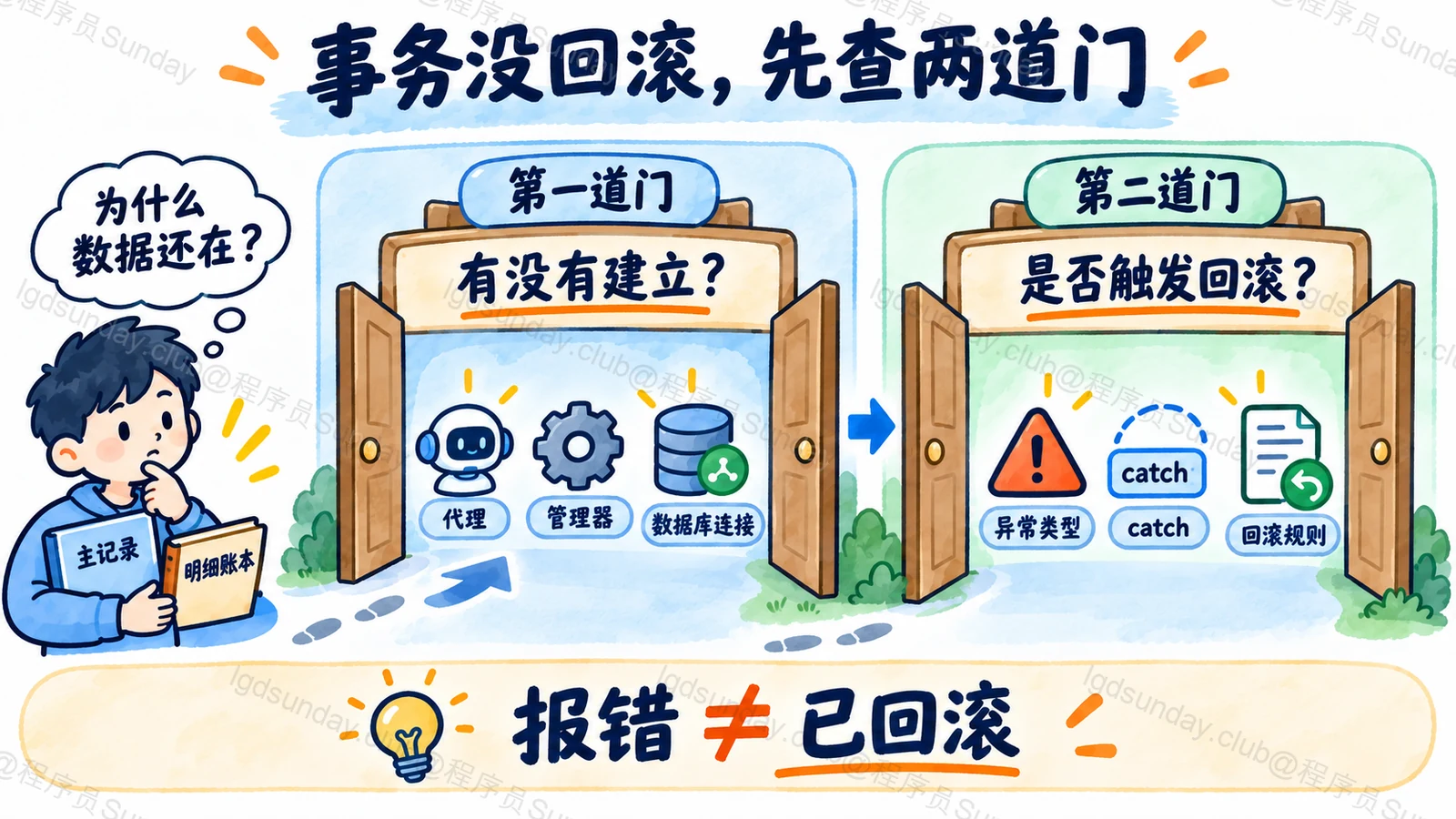Spring 事务排查先检查建立,再检查异常与回滚规则