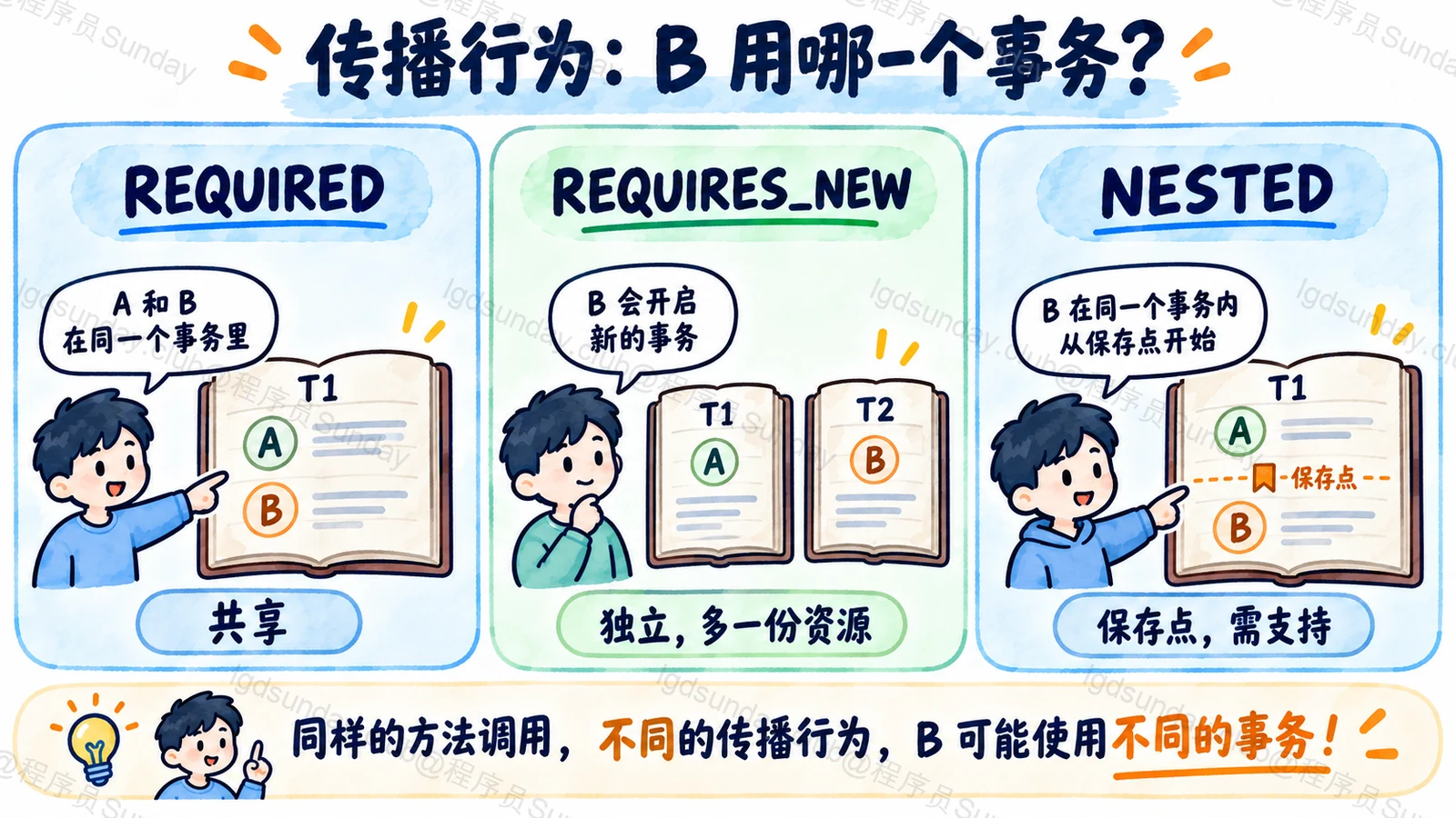 REQUIRED 共享事务、REQUIRES_NEW 独立事务和 NESTED 保存点的区别