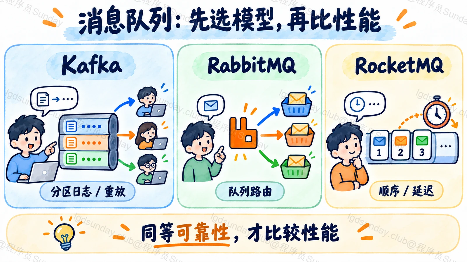 按日志重放、队列路由和顺序延迟能力比较消息队列