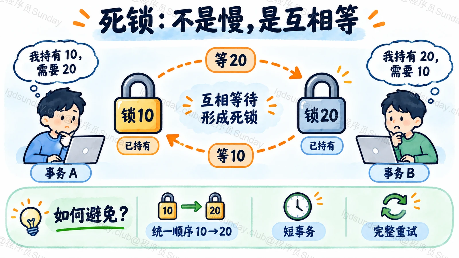 两个事务反向持锁形成等待环,统一顺序和完整重试分别处理预防与恢复