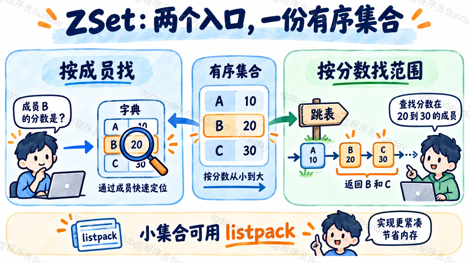 ZSet 的字典与跳表编码服务不同访问需求,小集合还可以采用紧凑编码