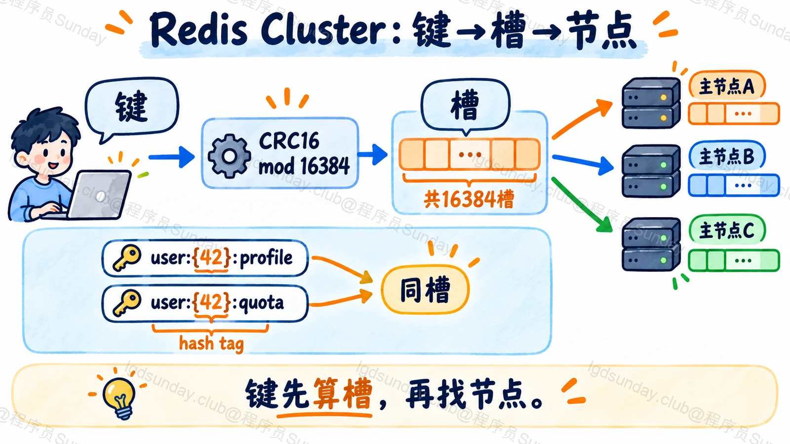 Redis Cluster 通过稳定槽号和可调整槽归属路由,同标签键可安排同槽