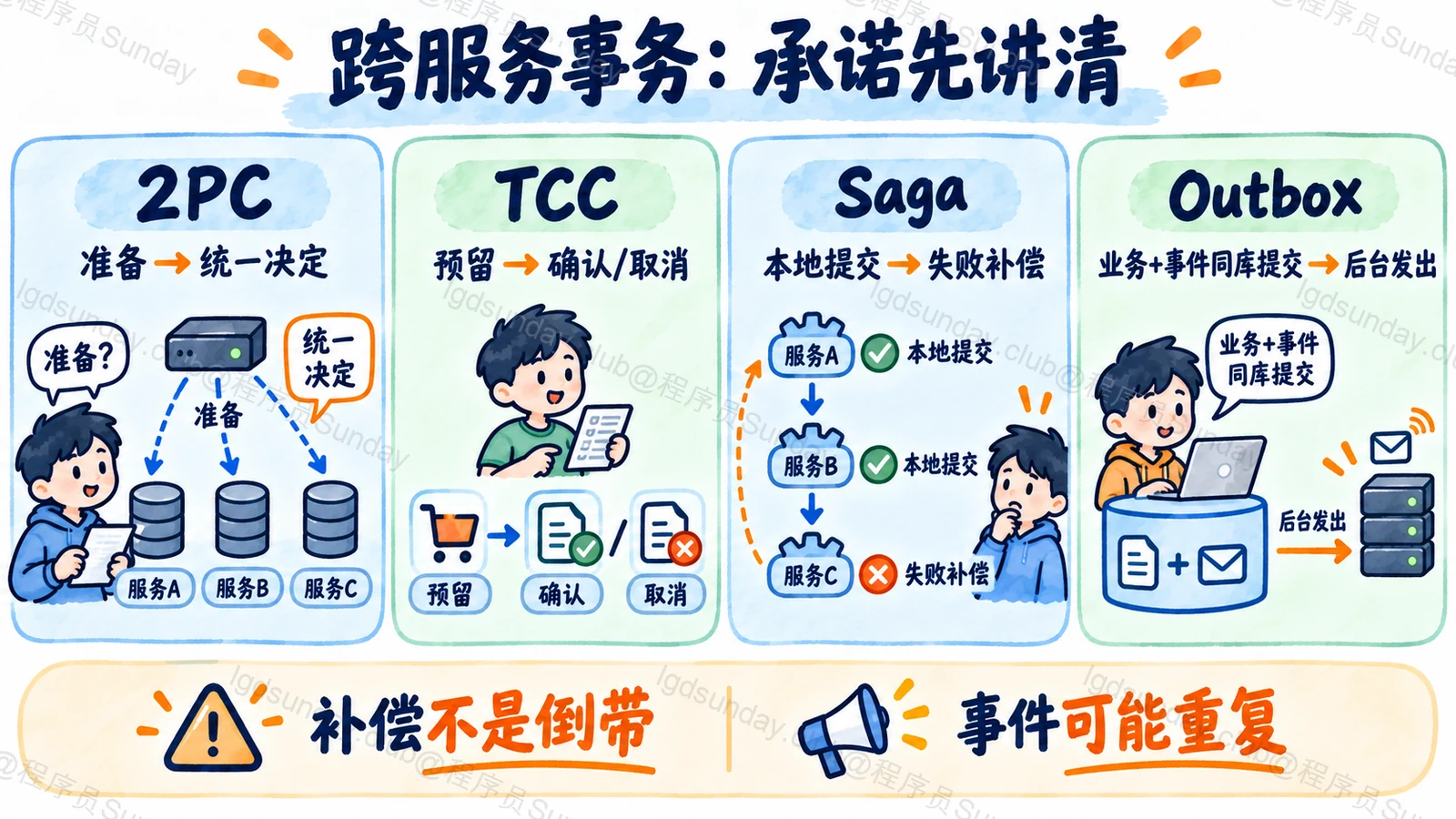 四类方案处理不同层次的提交、预留、补偿与发布问题