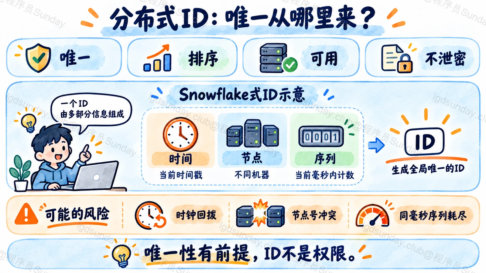时间类 ID 的唯一性依赖时钟、节点分配与序列管理