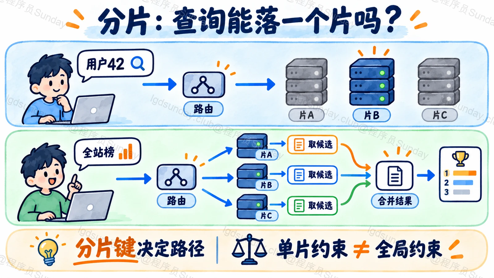 带分片键定向访问与跨片查询汇总具有不同成本