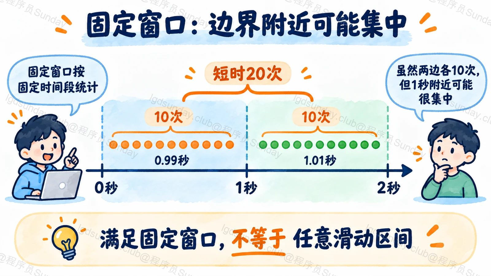 相邻固定窗口都满足计数,却可能在边界附近集中放行