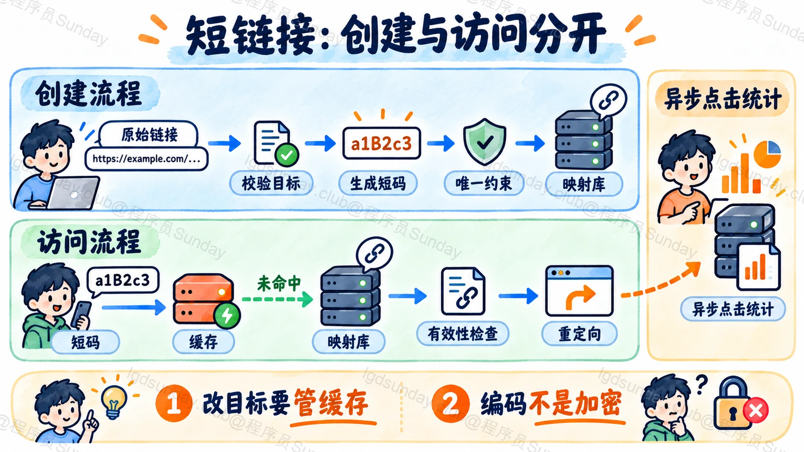 短链创建保证唯一,访问检查映射并跳转,统计与主读取链路分离