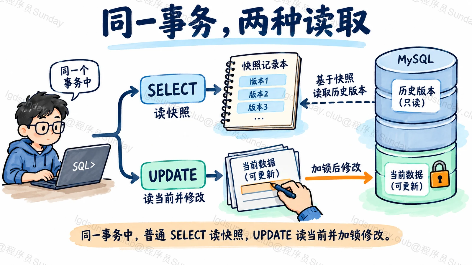 同一事务,两种读取