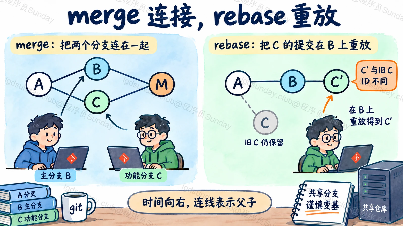 merge 连接,rebase 重放