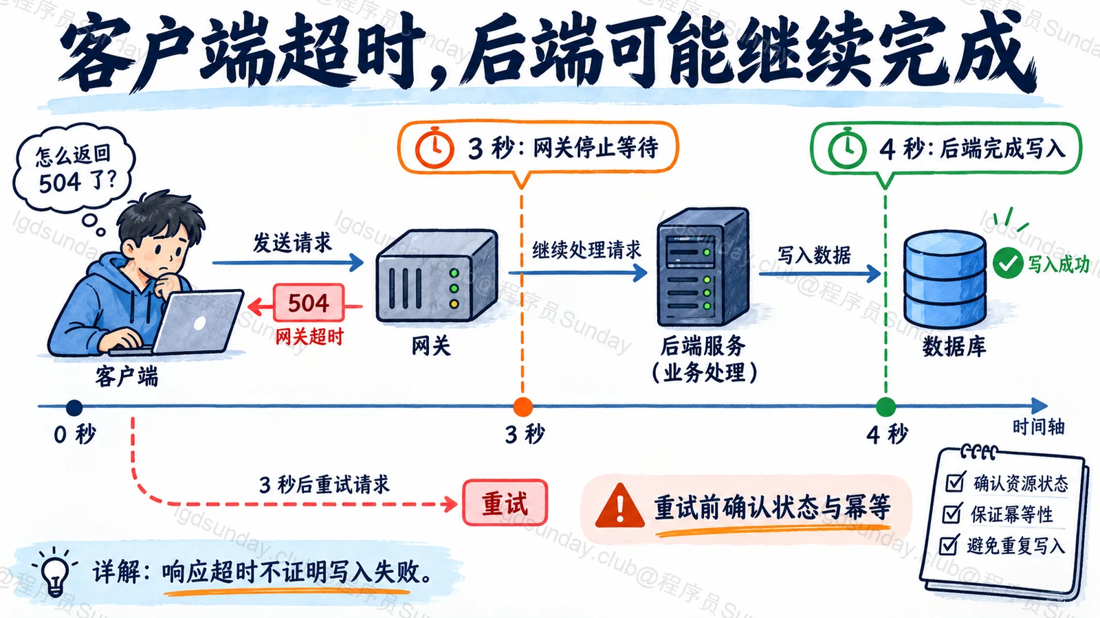 客户端超时，后端可能继续完成