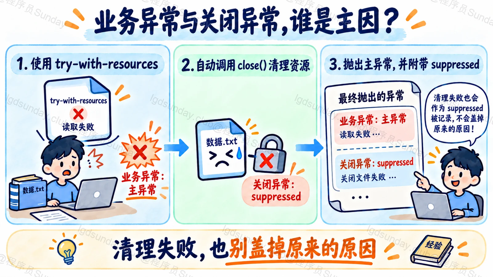 try-with-resources 同时失败时的主异常与 suppressed
