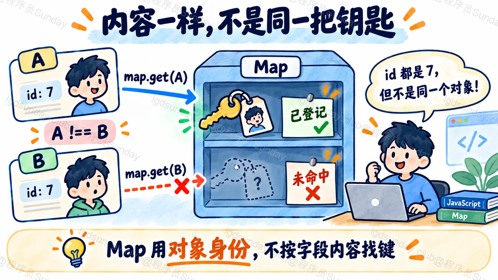 对象作为 Map 键时按引用身份区分