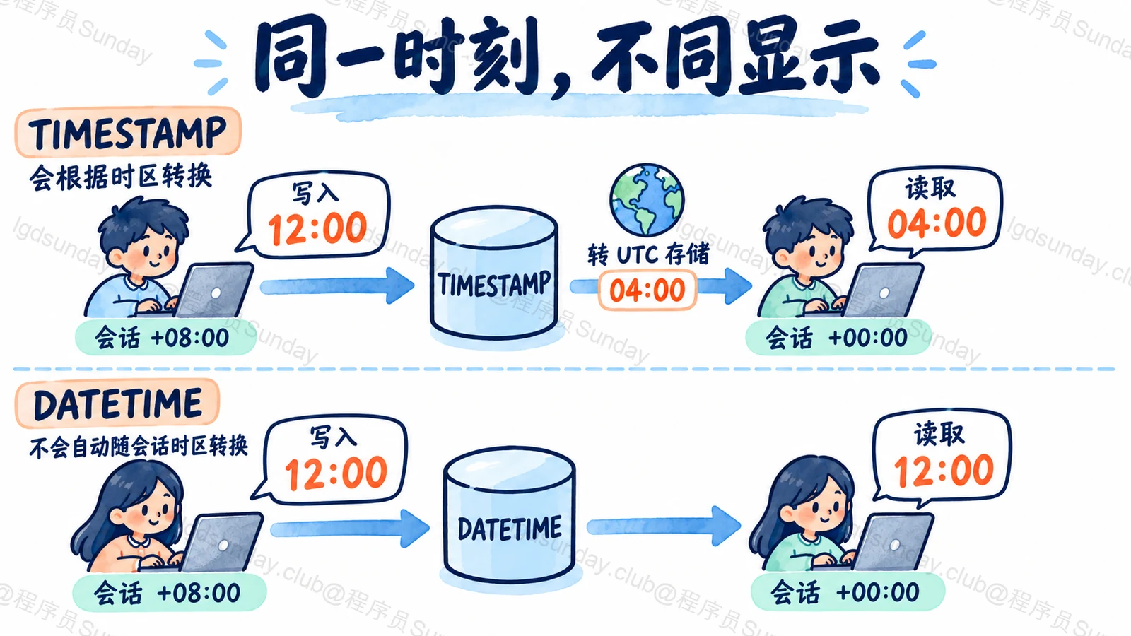 Q287 知识点示意：+08写入、+00读出，TIMESTAMP读04，DATETIME读12；不将会话转换扩大成完全无时区影响。