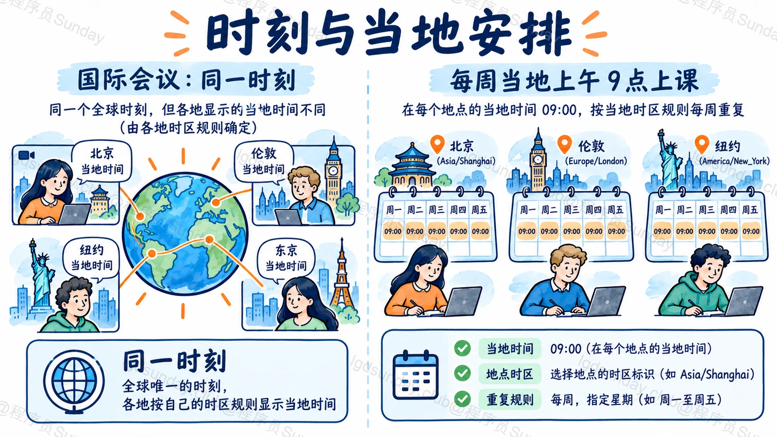 Q287 知识点示意：同一时刻与当地每周9点区分，保留时区规则；无伦敦/纽约固定偏移错误。