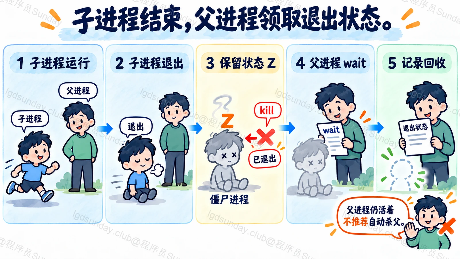 子进程结束,父进程领取退出状态