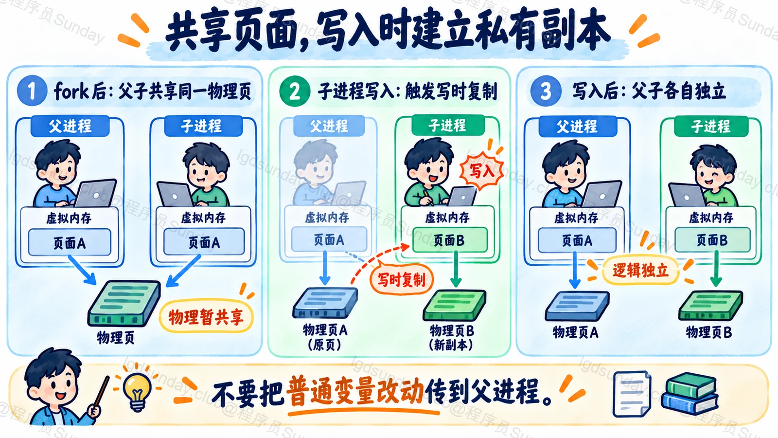 共享页面,写入时建立私有副本