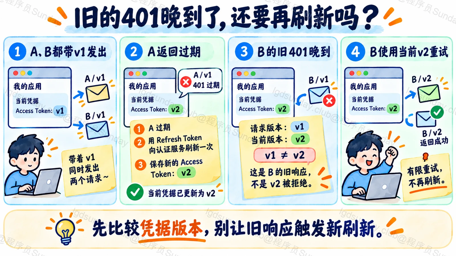 A刷新得到v2以后,B旧请求的迟到401只触发使用v2的有限重试