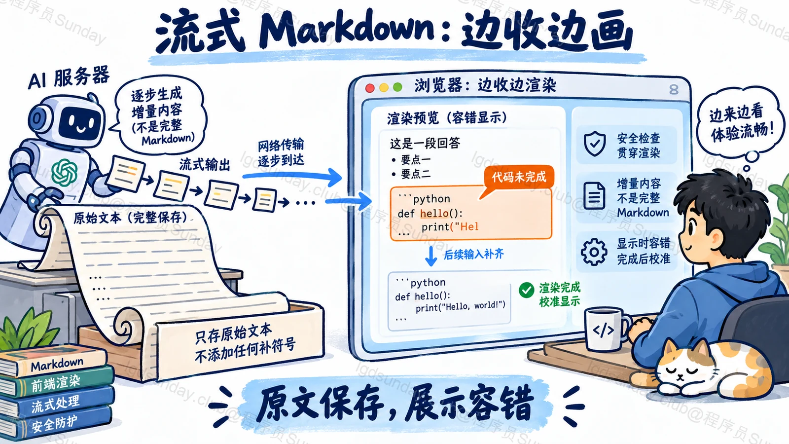流式 Markdown:边收边画:原文保存,展示容错