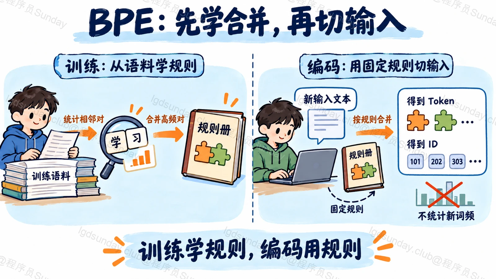BPE:先学合并,再切输入:训练学规则,编码用规则