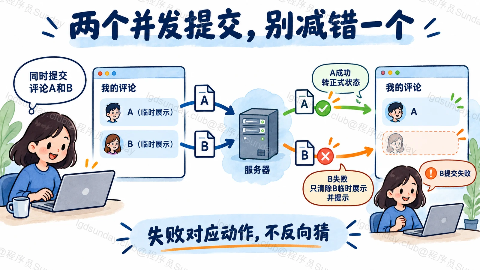 两个并发提交,别减错一个:失败对应动作,不反向猜