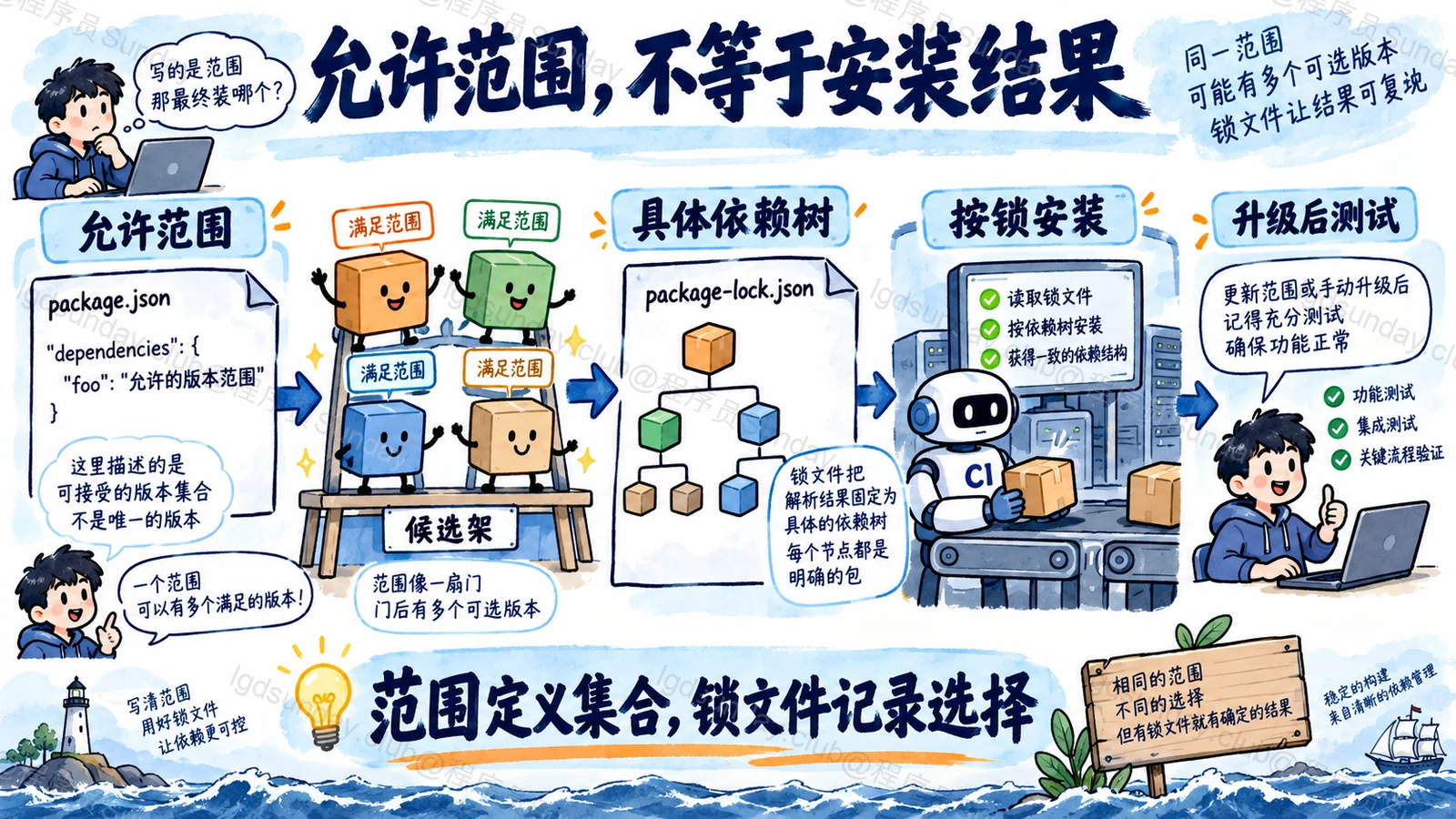 速答总览:版本范围定义允许集合,锁文件与安装方式决定具体解析,兼容性仍须测试。