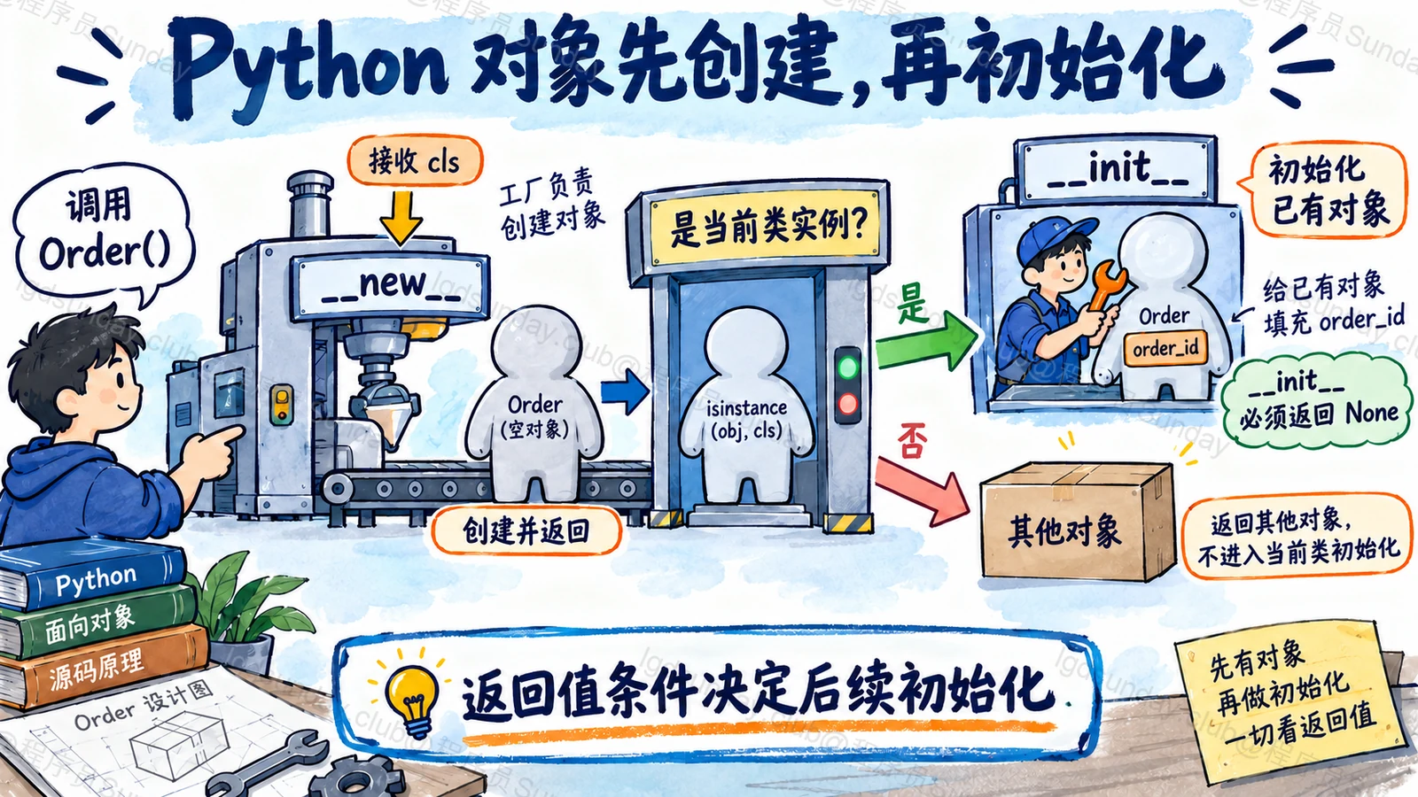 速答总览:new 创建对象,init 初始化对象;返回对象类型决定是否继续普通初始化。