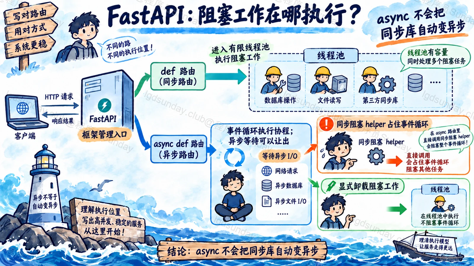 速答总览：FastAPI 按入口决定同步卸载，普通 helper 仍按调用位置执行；async 不会自动消除阻塞。